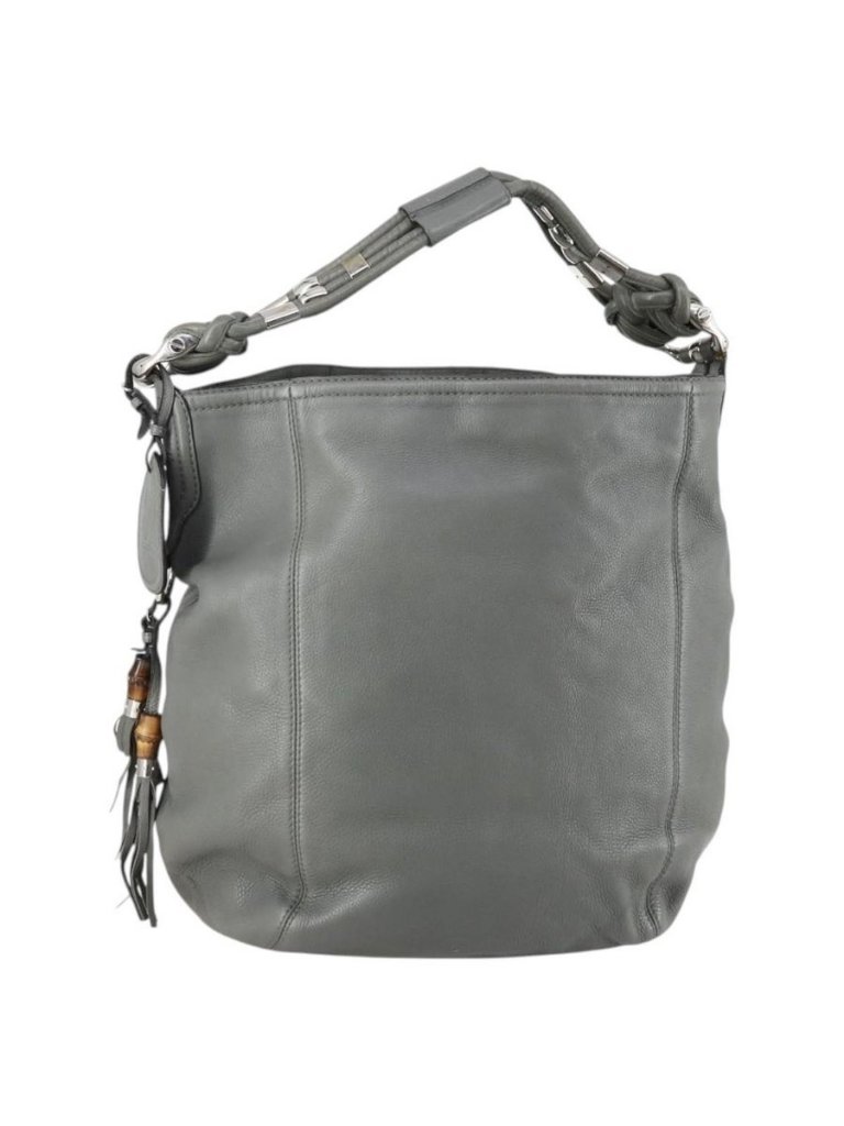 Authentic Gucci Bamboo Shoulder Bag Leather Gray Gold